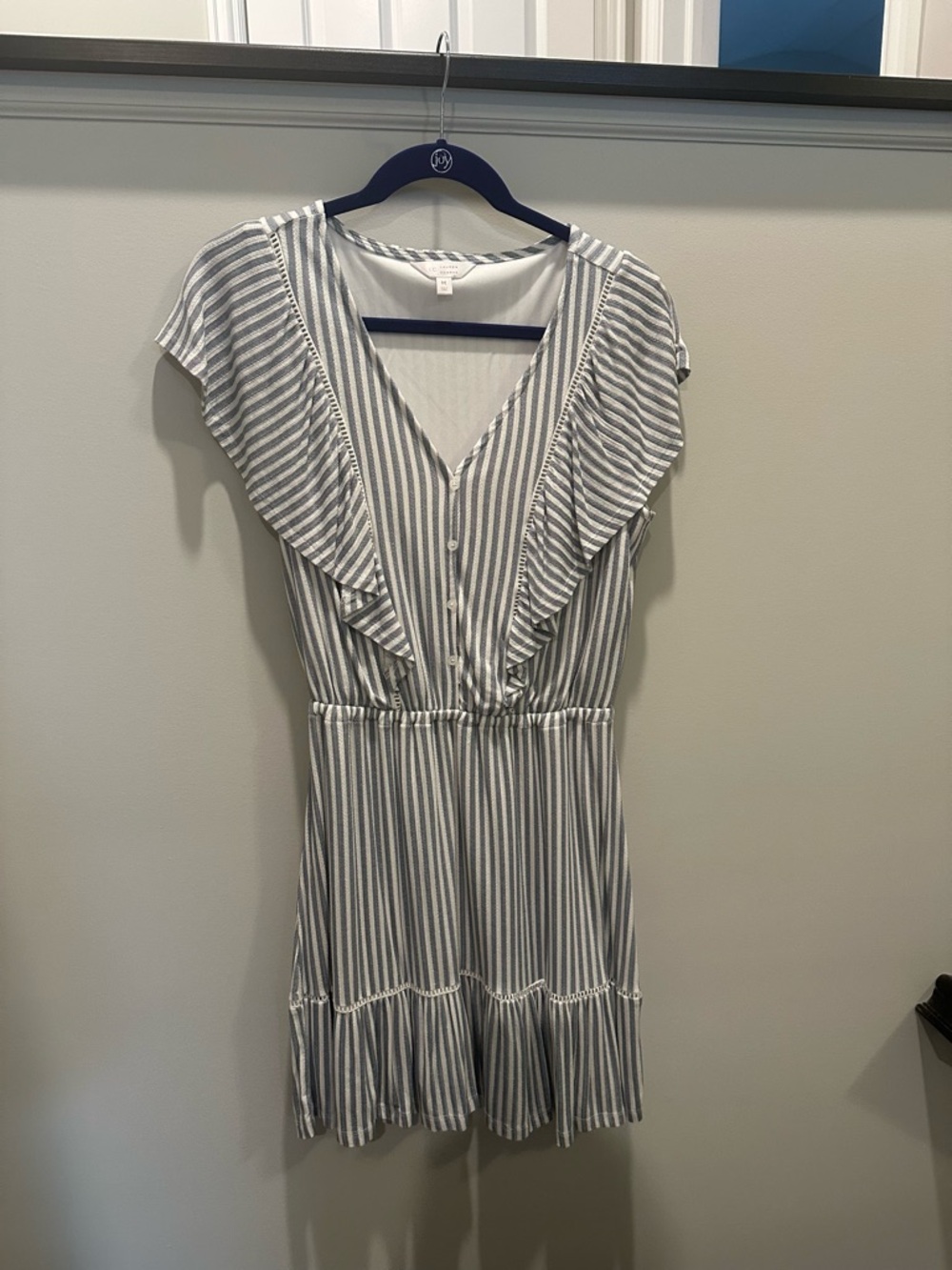 Lauren Conrad Vertical Stripe Ruffle Dress in Blue and White